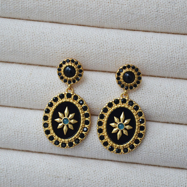 Black Gemstone & Gold Star Drop Earrings